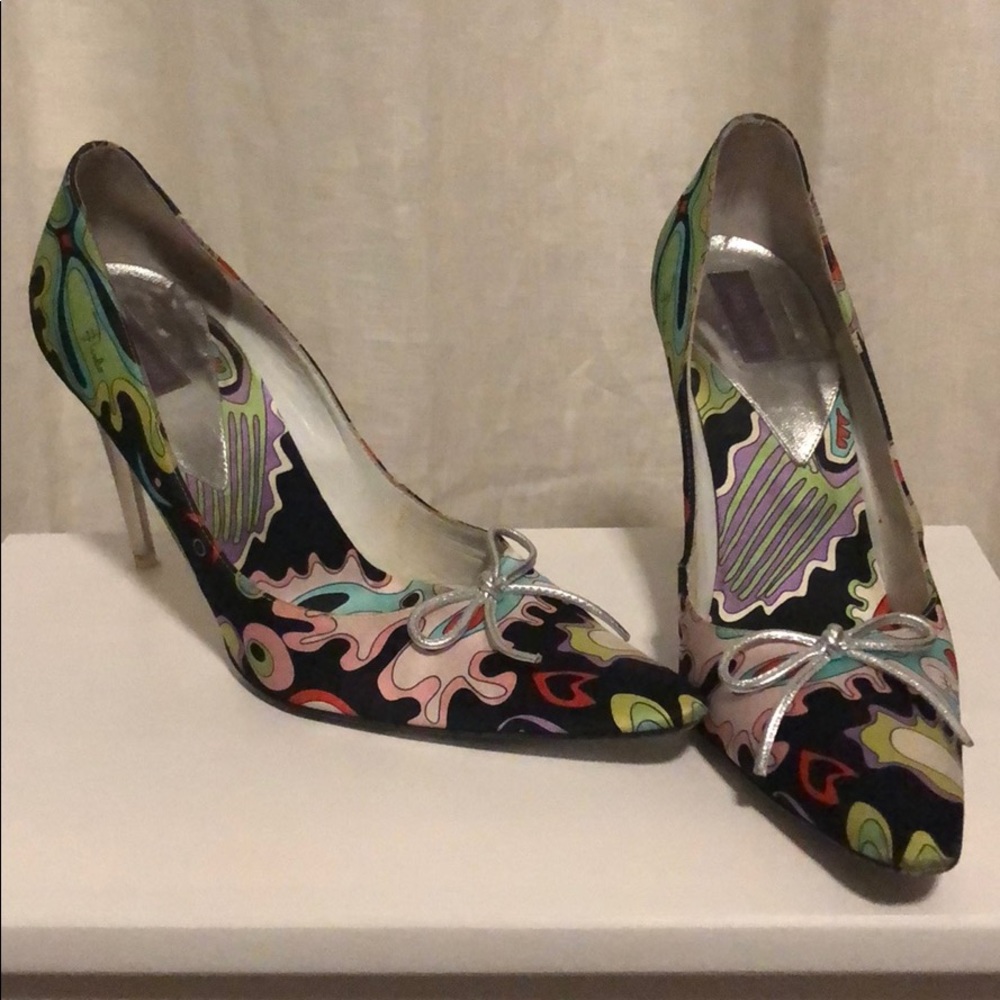 Pucci Satin Stilettos with Silver Bow